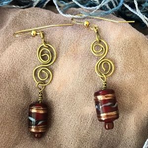 Gold Spiral Wire and Bead Earrings